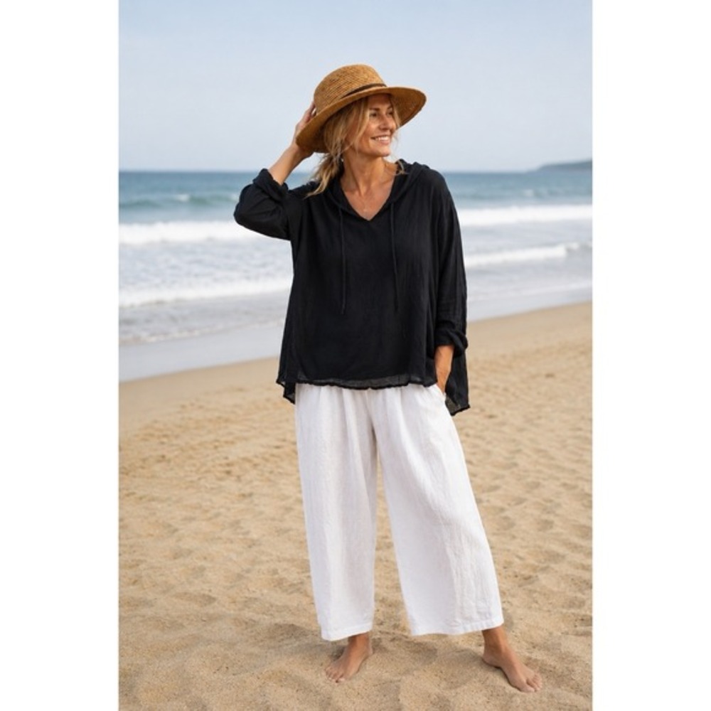 FLAX Black S Long Sleeve Hooded Shirt Semi Sheer Top Lagenlook Bobo Summer Beach